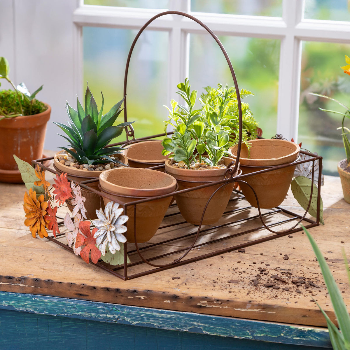What She Shed Planters, Metal Stand with Terracotta Planters, Floral D