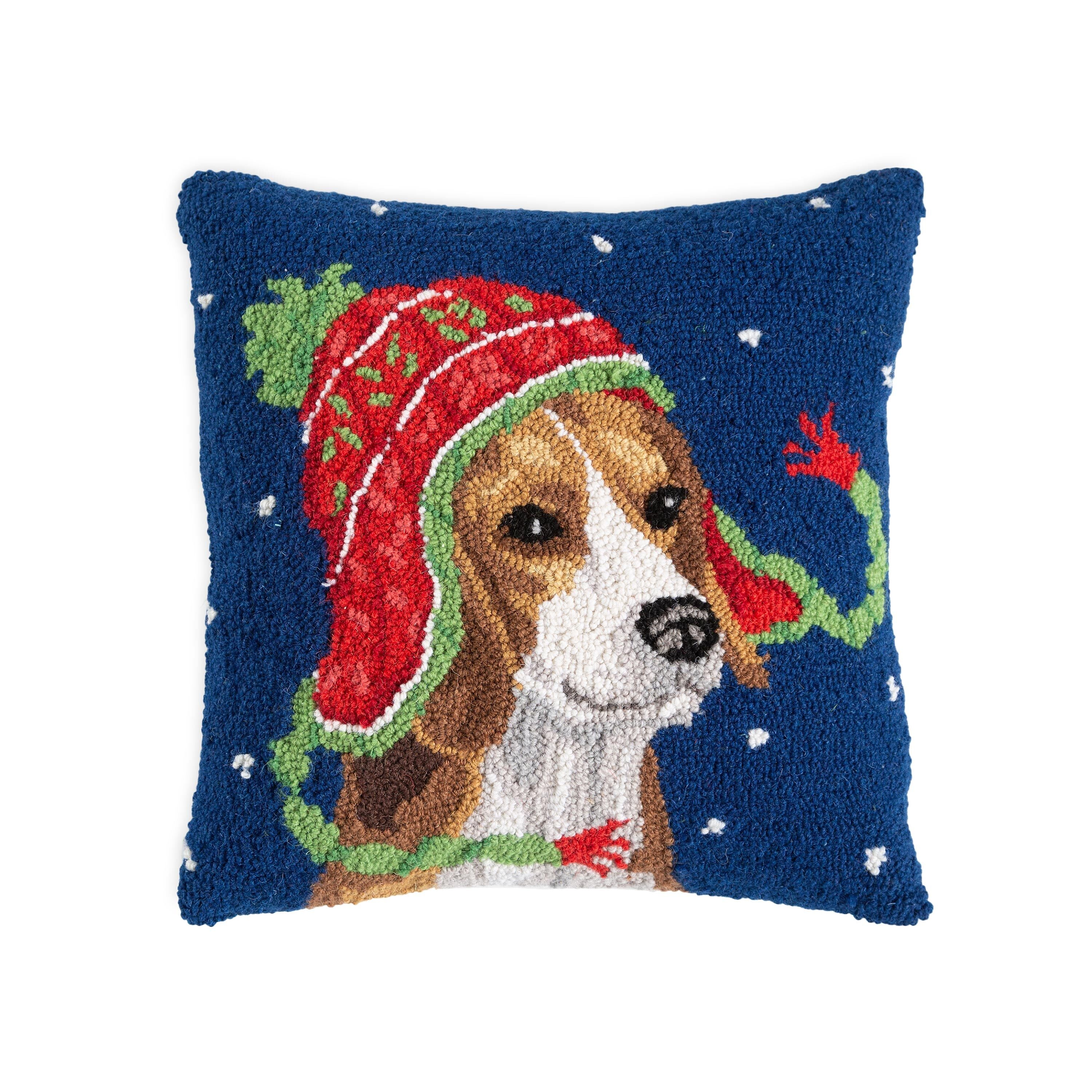 Holiday Beagle with Knit Hat Hand-Hooked Wool Throw Pillow – Plow