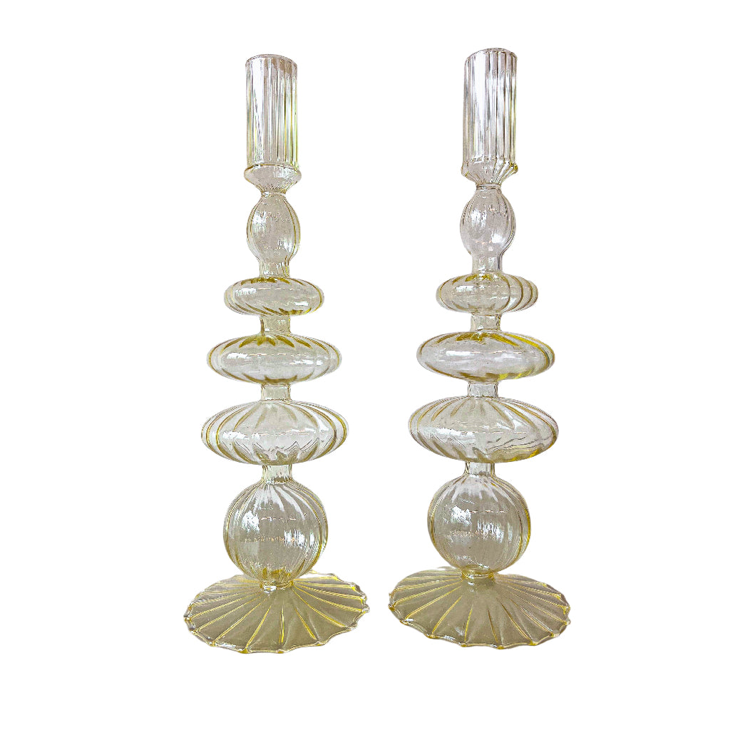 Buttercream Yellow Ribbed Candle Holder, Set of 2