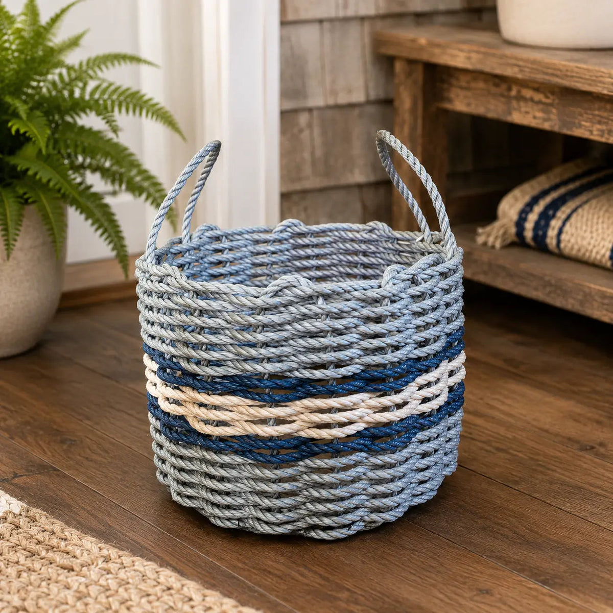 Light Gray, Light Tan & Navy Accent Rope Basket