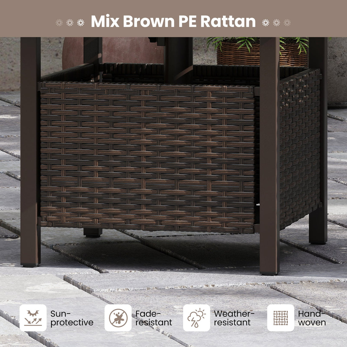 Outdoor Side Table All-Weather PE Wicker Patio Table with Umbrella Hole-Brown