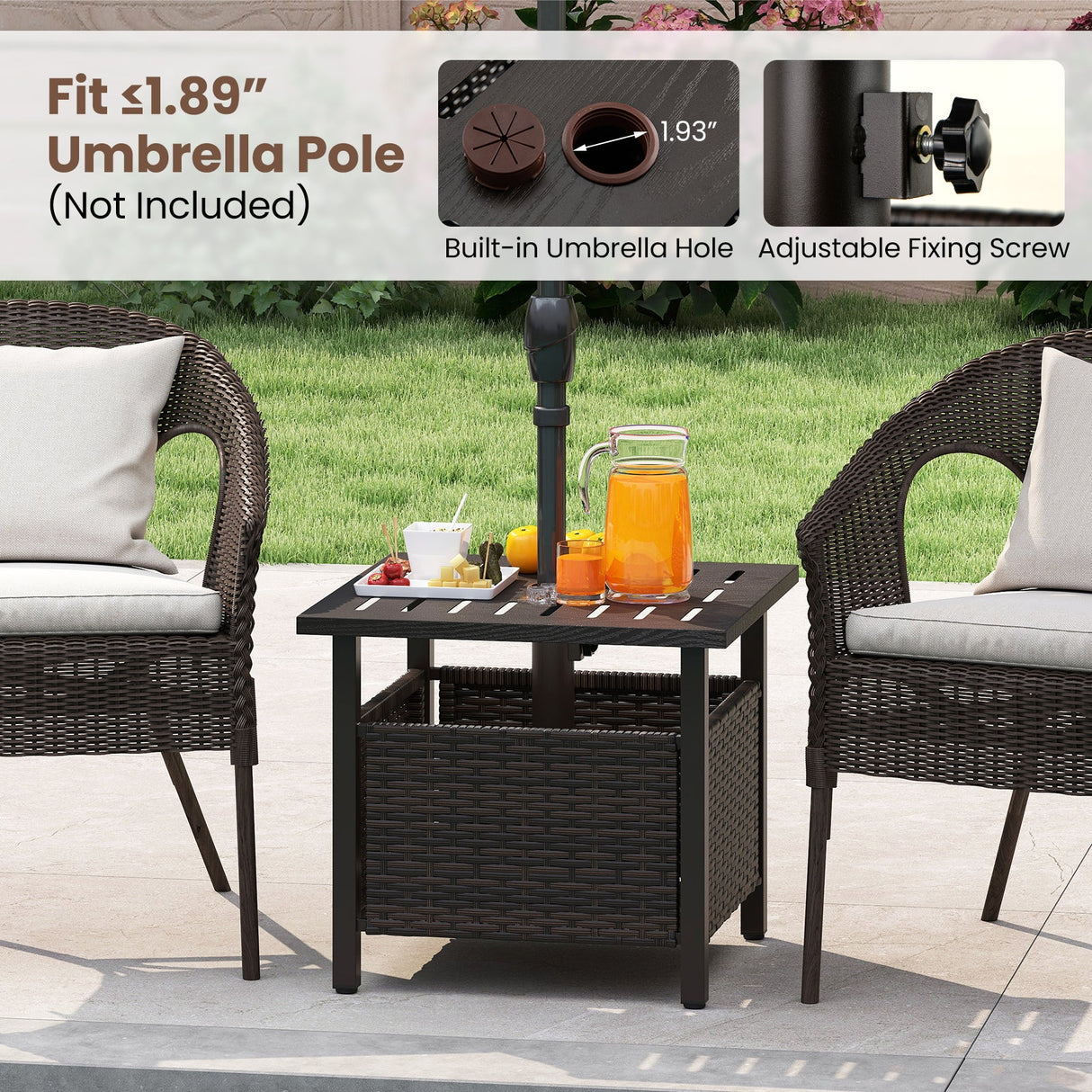 Outdoor Side Table All-Weather PE Wicker Patio Table with Umbrella Hole-Brown