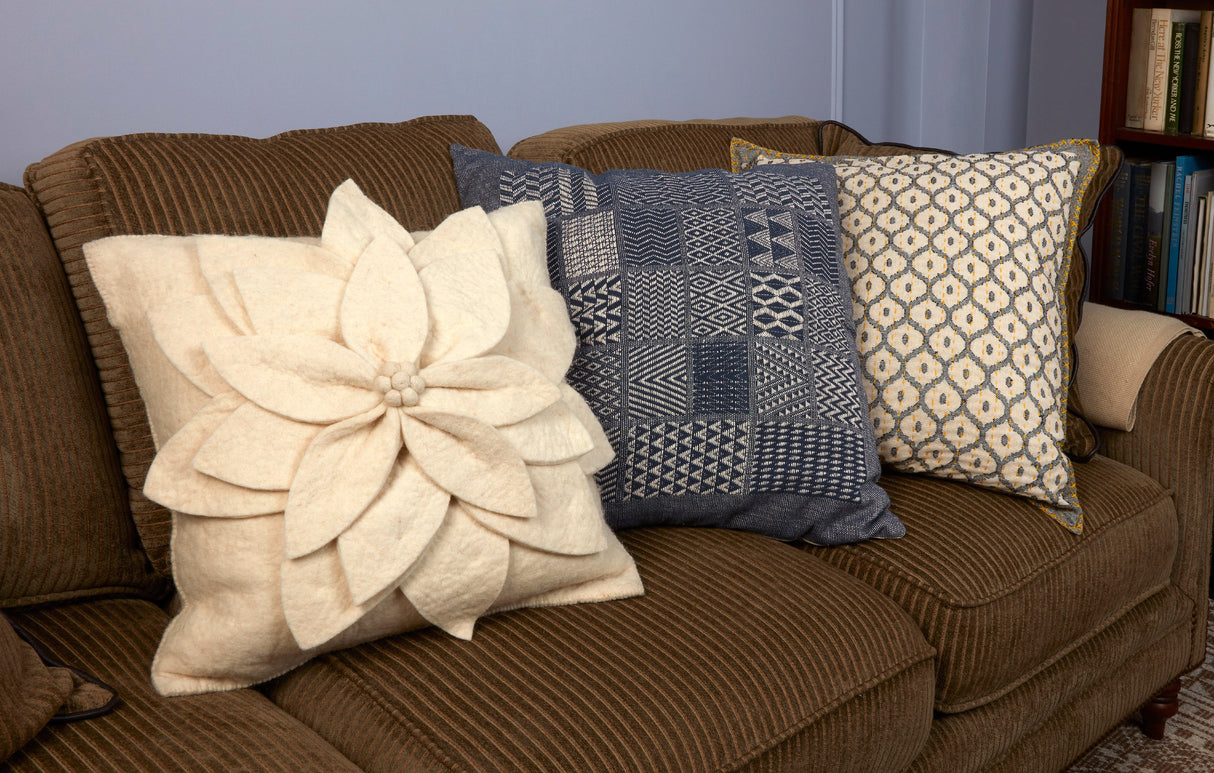 Artisan Hand Loomed Cotton Square Pillow, Indigo Blocks