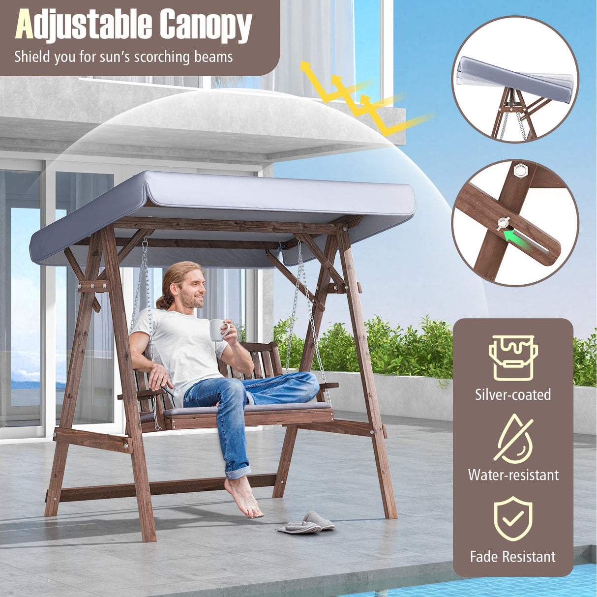Fir Wood Porch Swing with Stand and Tilt Canopy