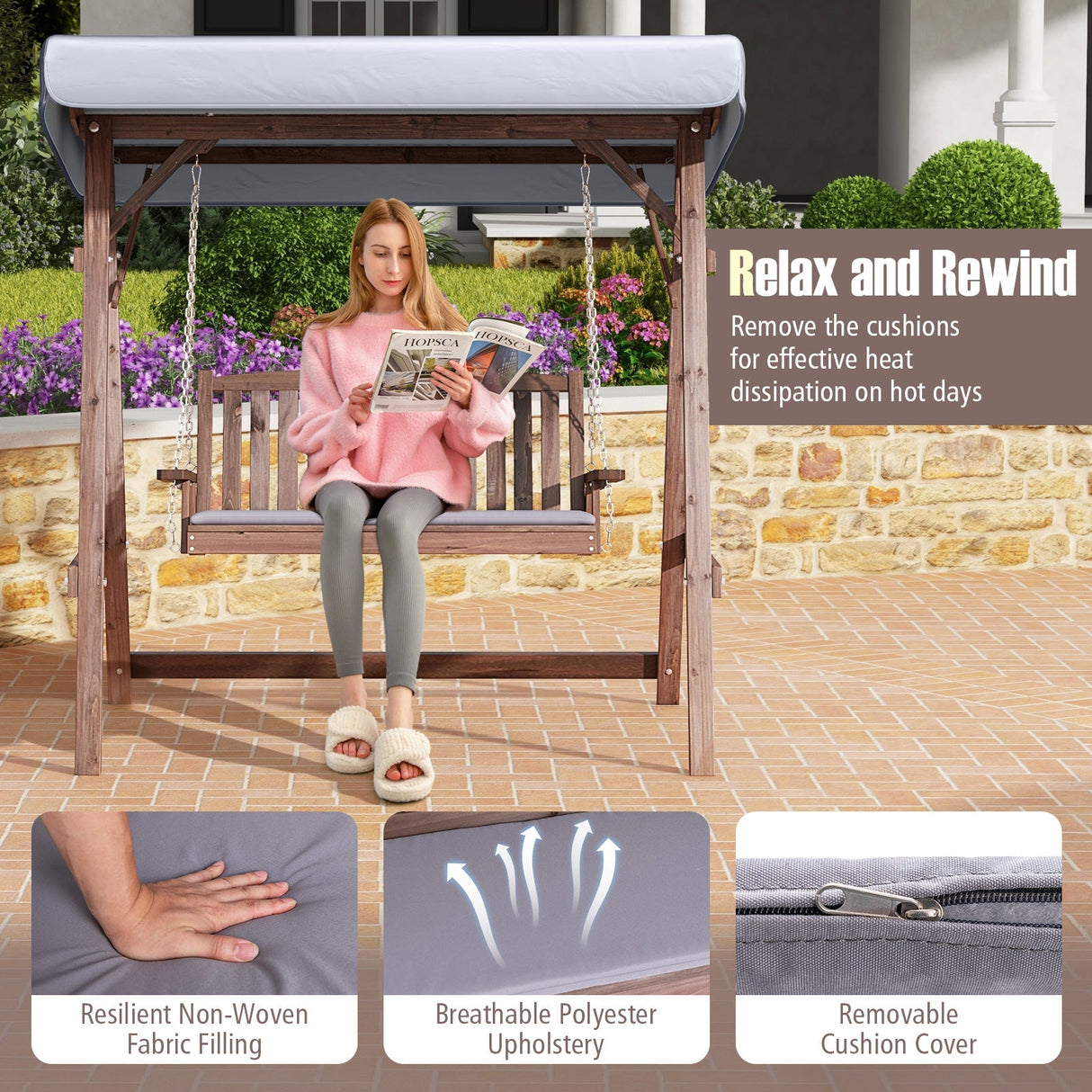 Fir Wood Porch Swing with Stand and Tilt Canopy