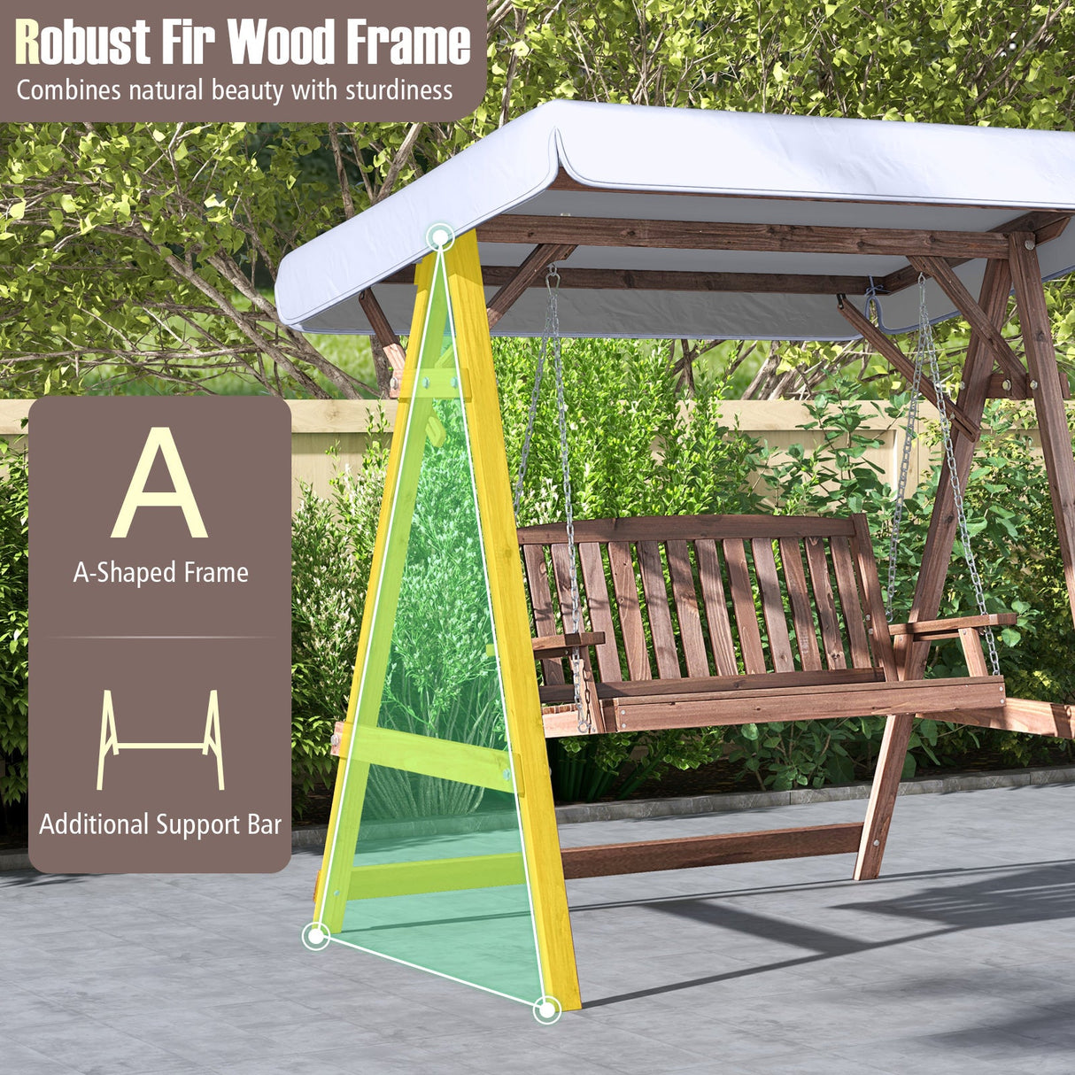 Fir Wood Porch Swing with Stand and Tilt Canopy