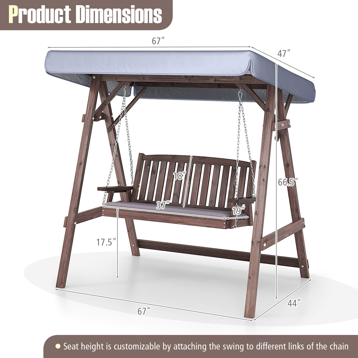 Fir Wood Porch Swing with Stand and Tilt Canopy