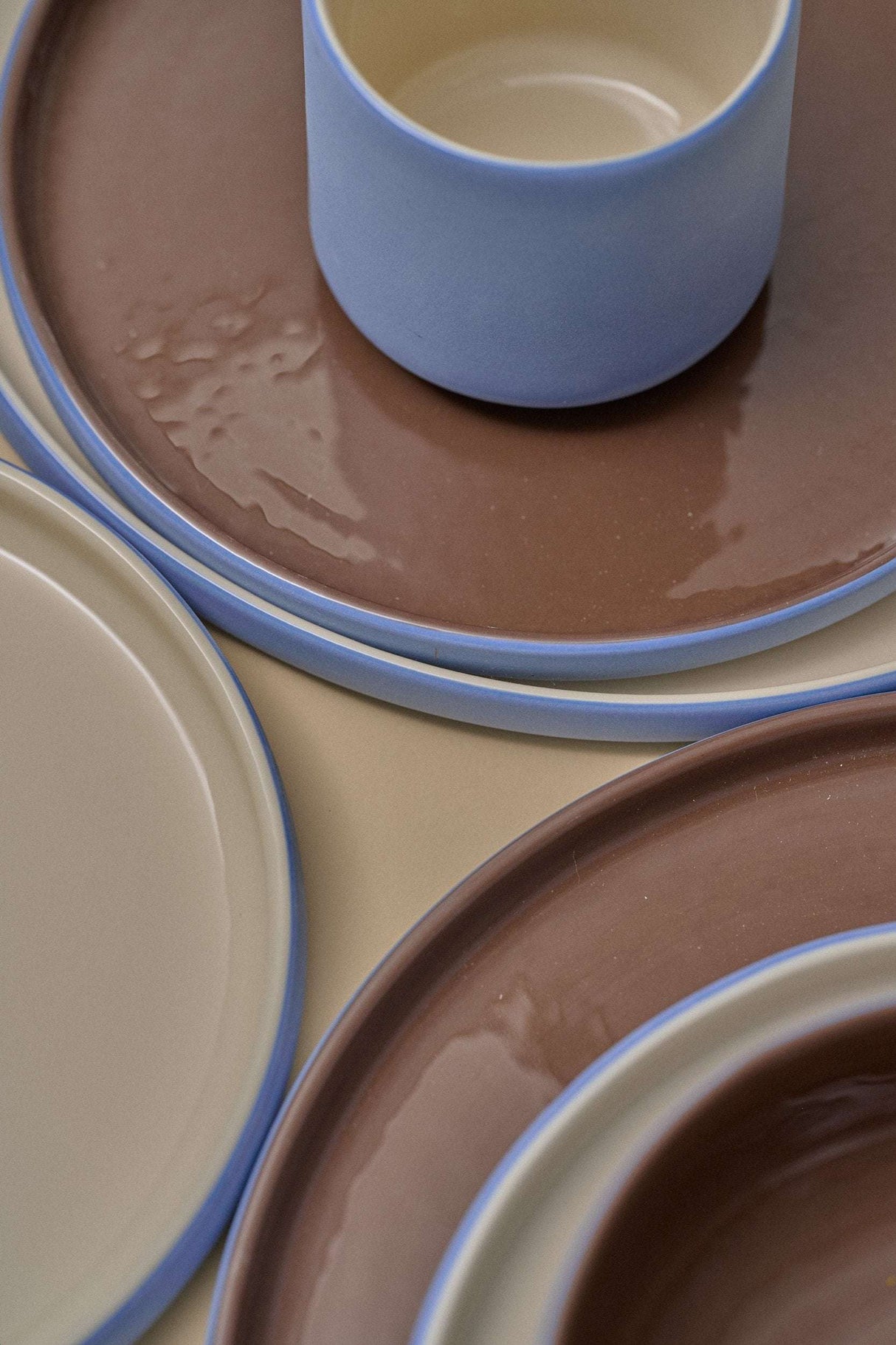 Handmade Blue Porcelain Dinner Plates. Forget-me-not/Chocolate