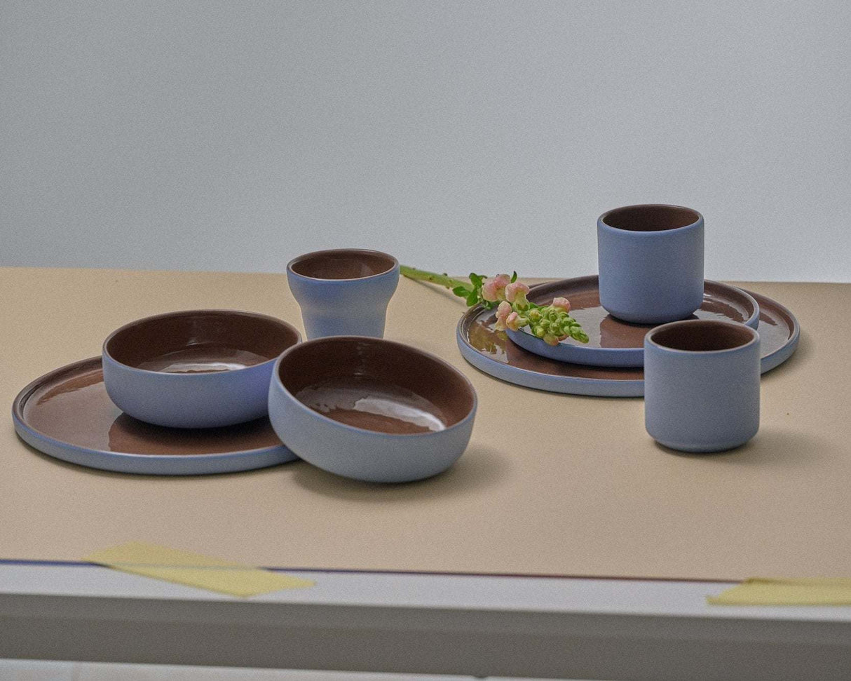 Handmade Blue Porcelain Dinner Plates. Forget-me-not/Chocolate