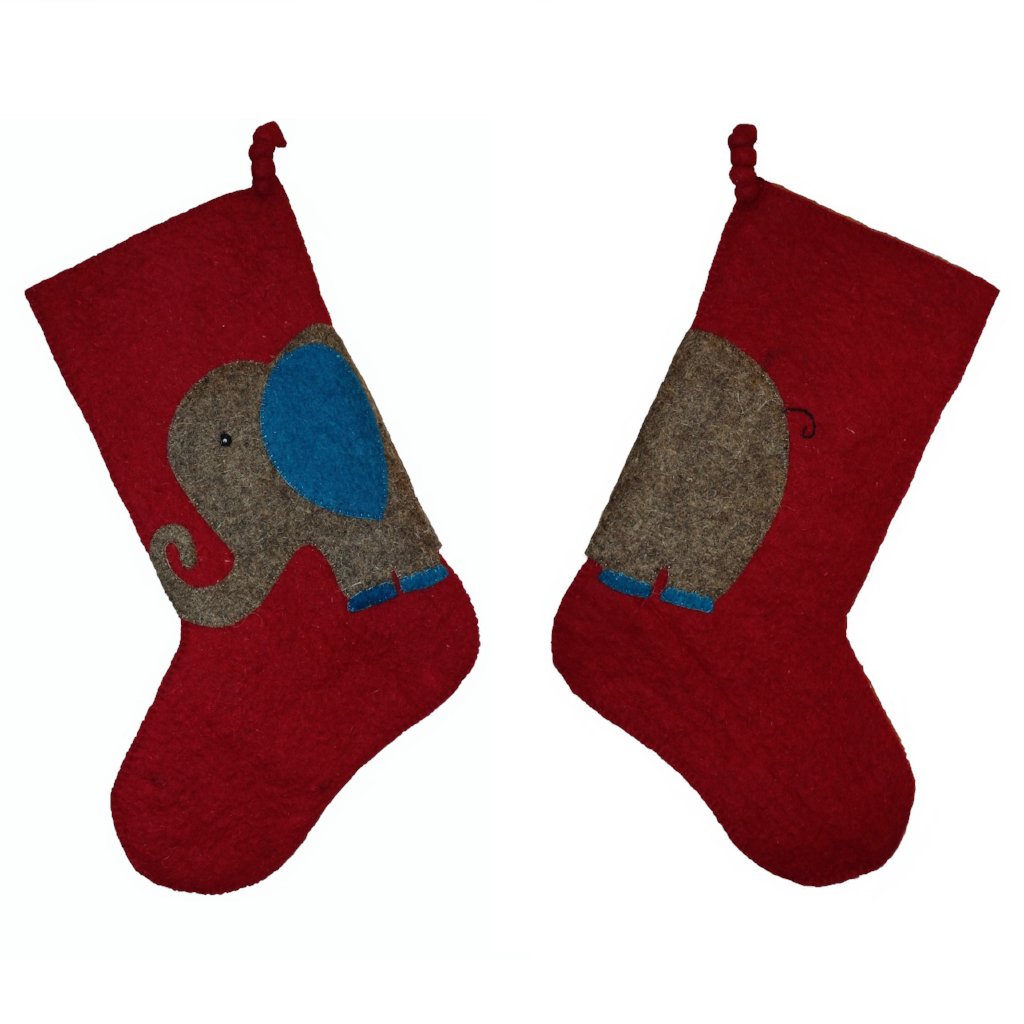 Kids Elephant Double Sided Red Hand Felted Wool Christmas Stocking Arcadia Home