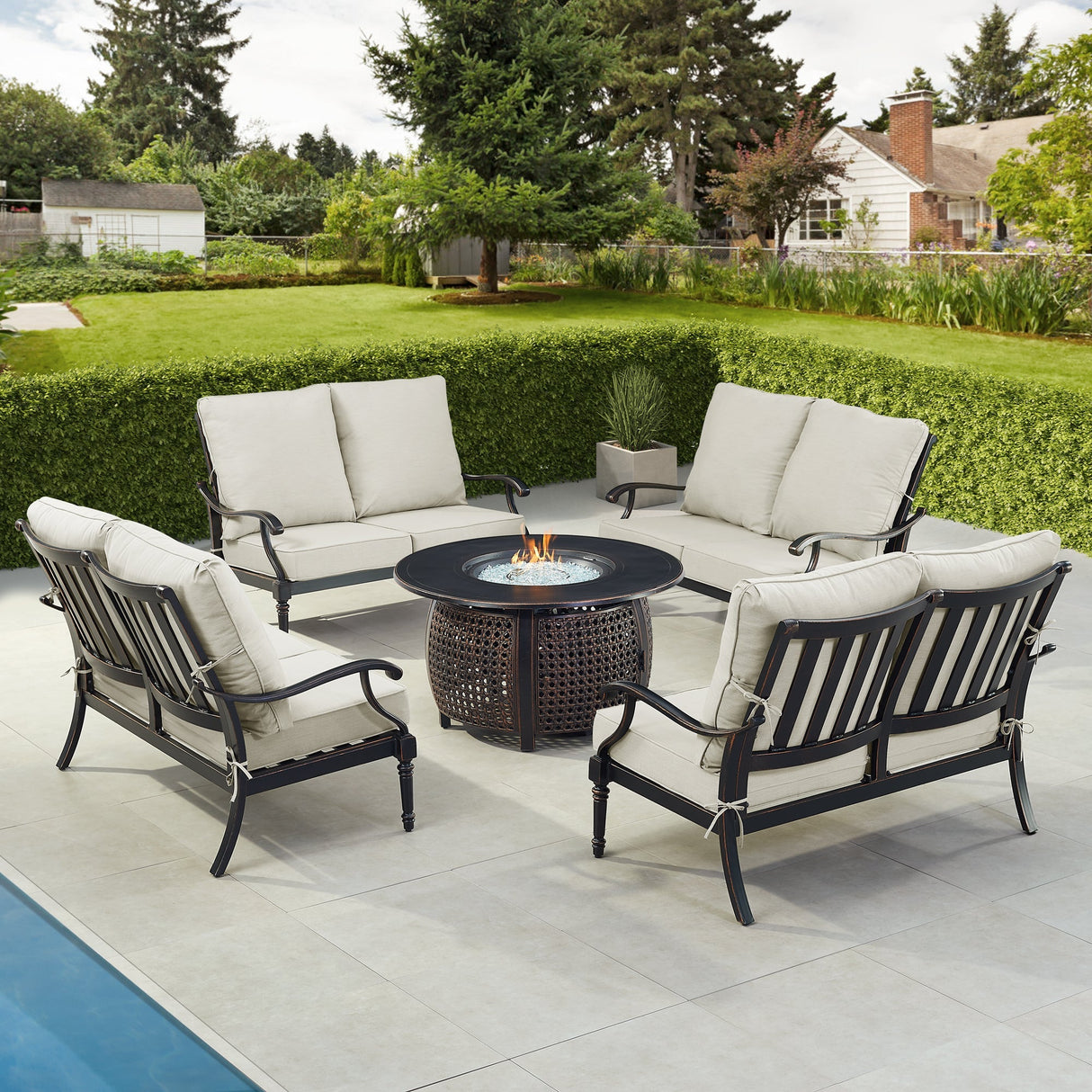 Black Aluminum Fire Table Set with Four Deep Seating Loveseats