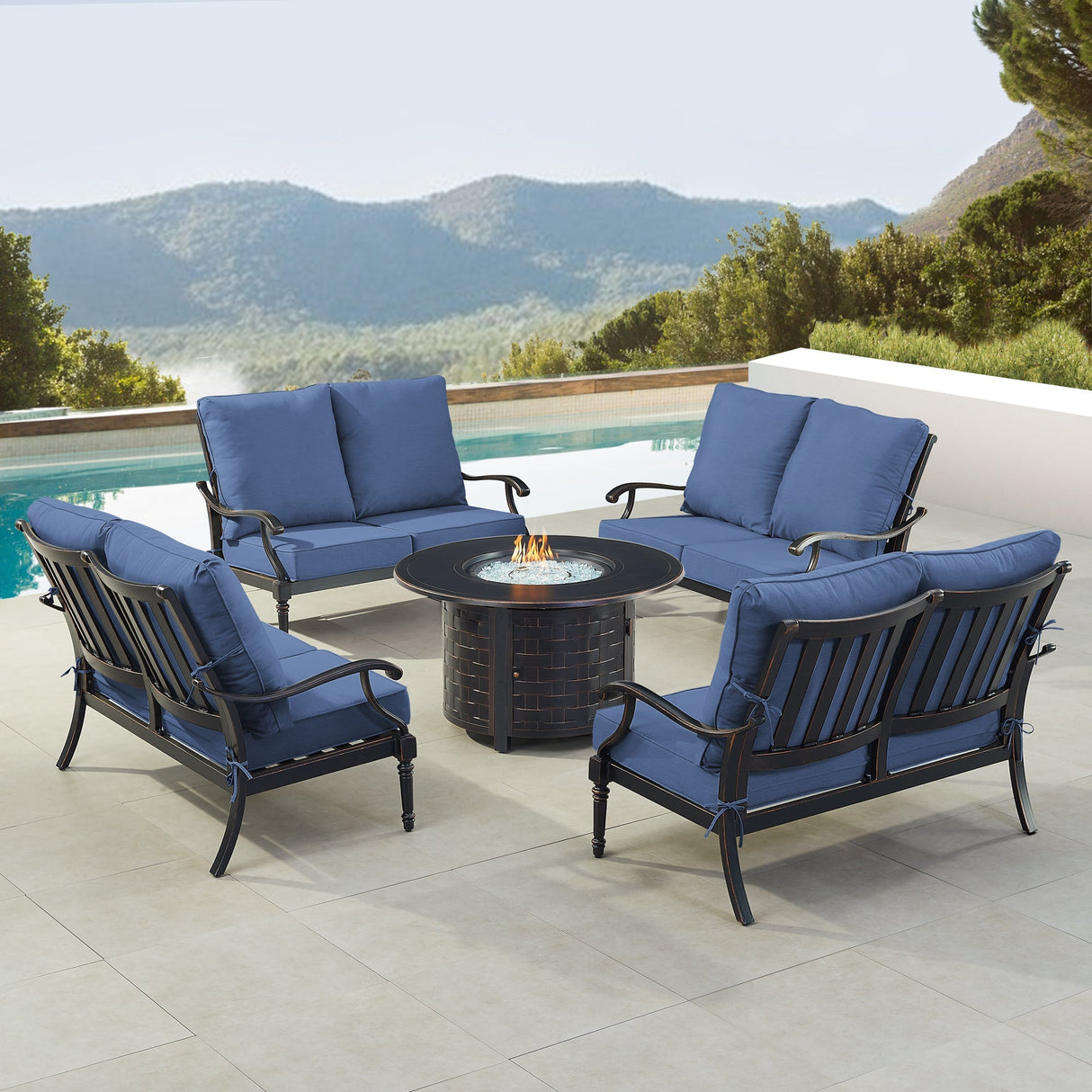 Black Aluminum Fire Table Set with Four Deep Seating Loveseats