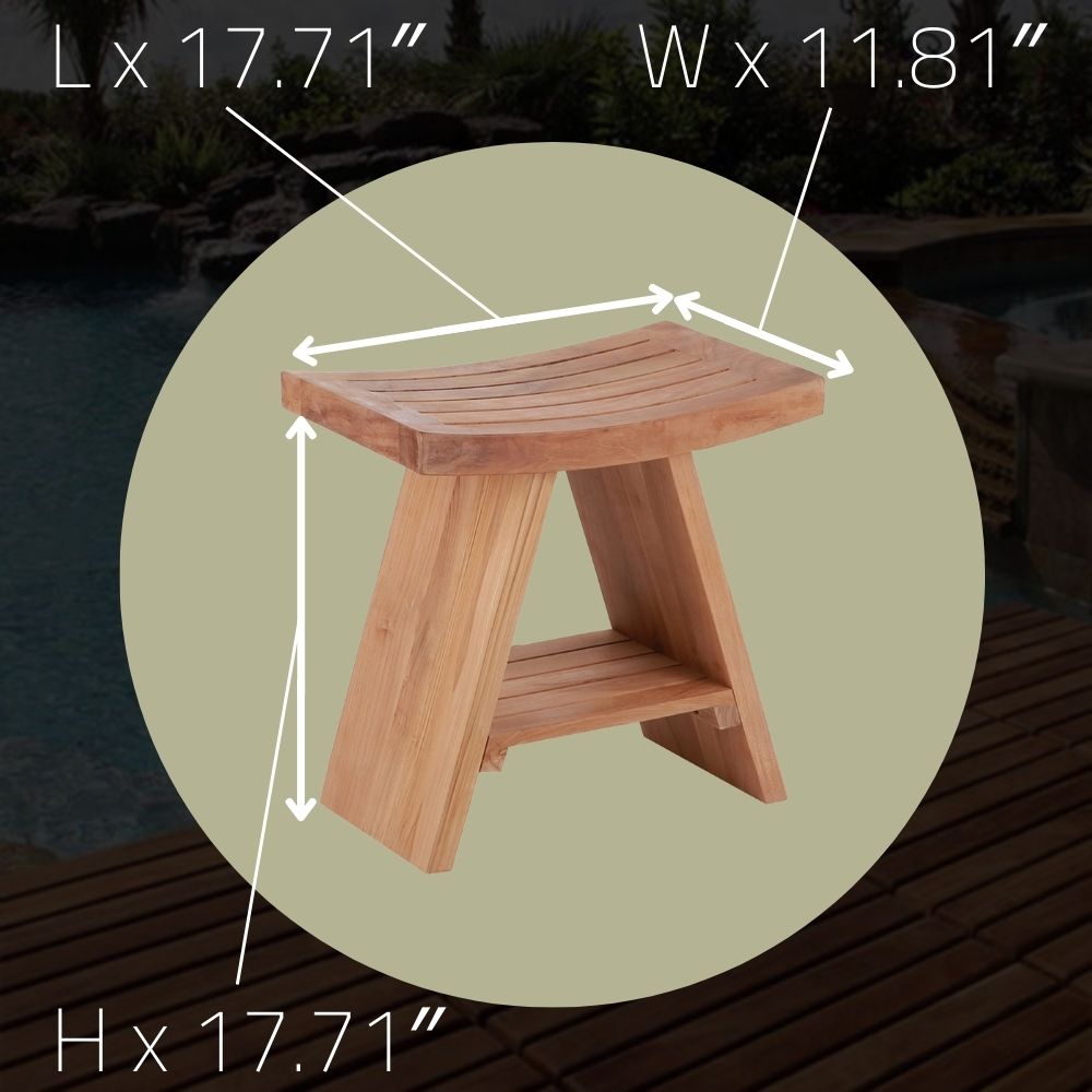 Siena Natural Teak Shower and Bath Stool with Curved Seat and Shelf