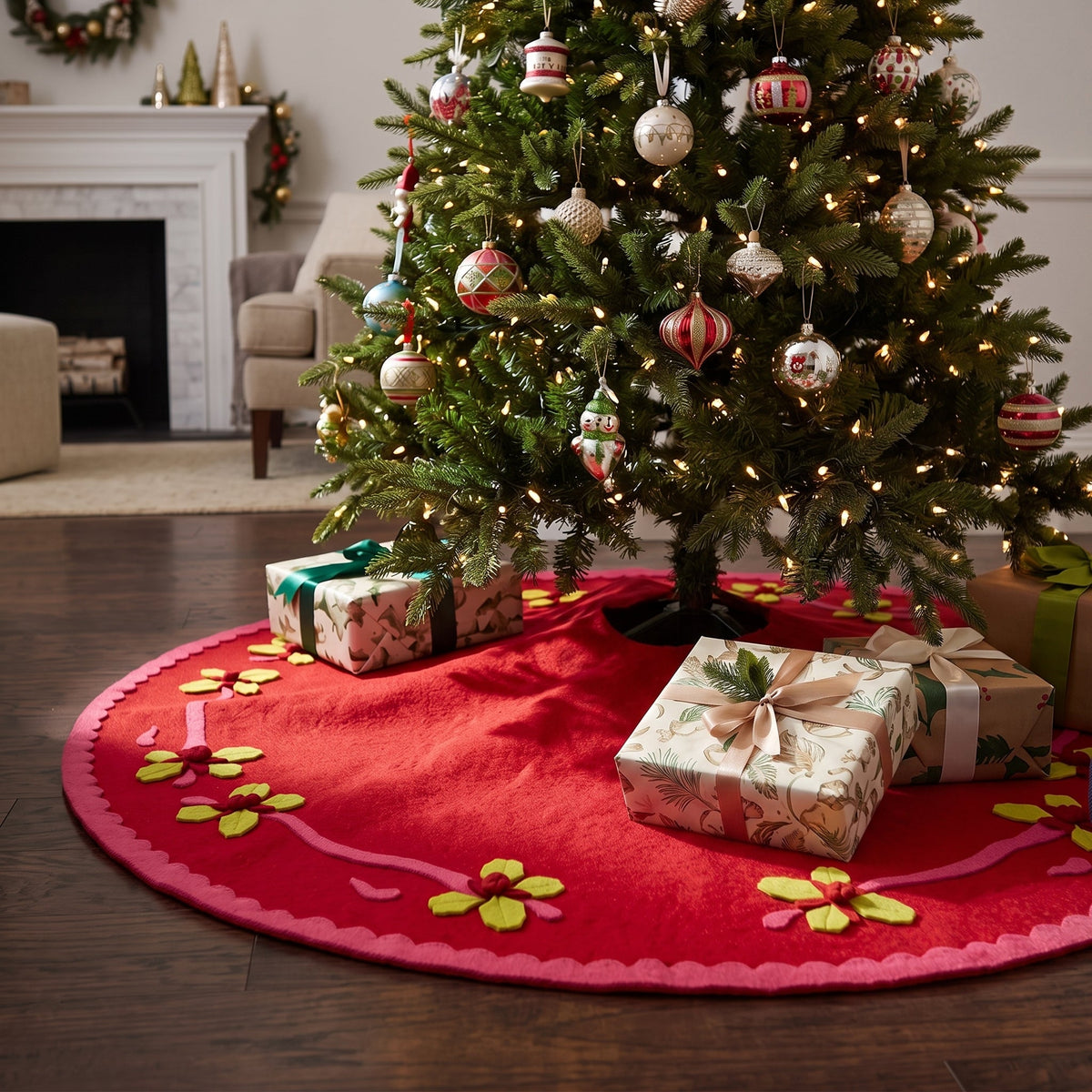 Handmade Christmas Tree Skirt Felt - Berries Red - 60"