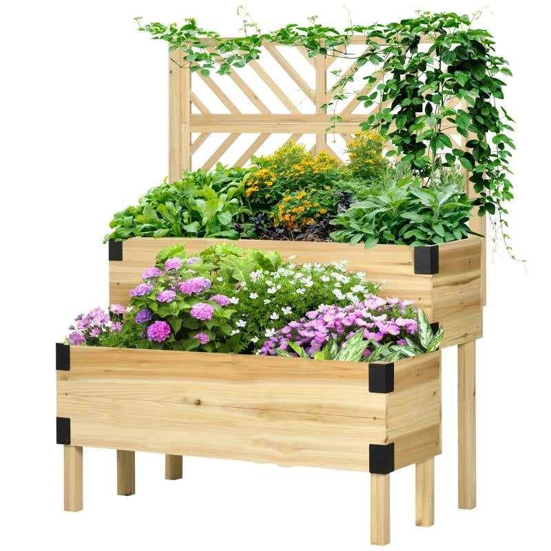 2 Tier Natural Wood Raised Planter Box with Trellis