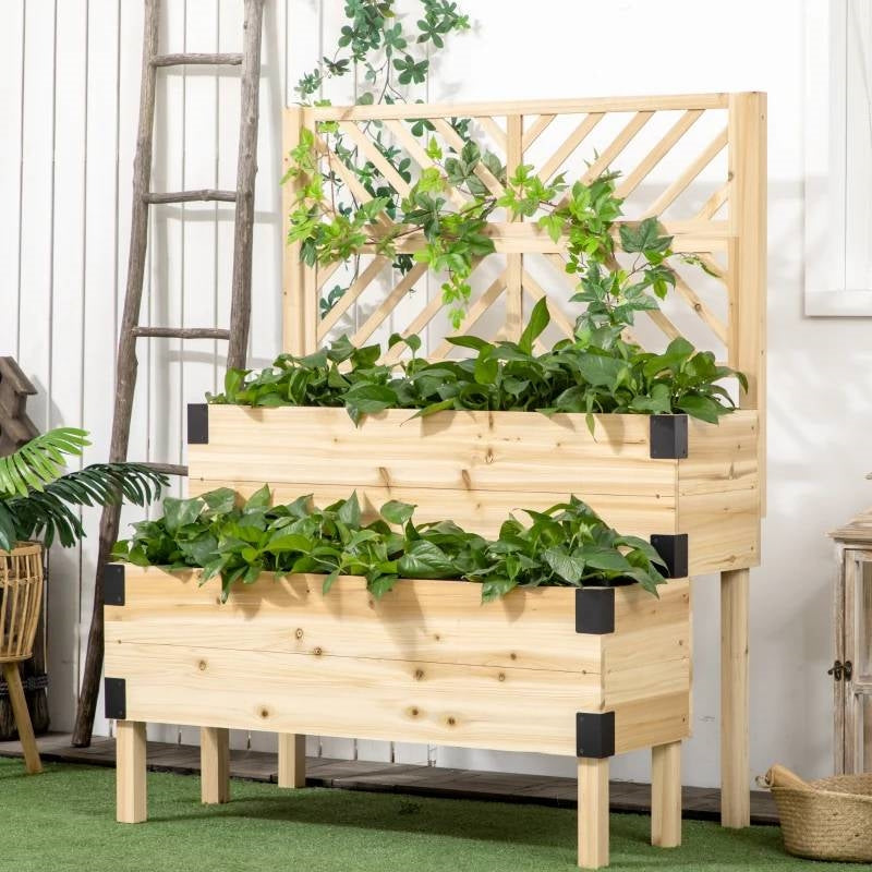 2 Tier Natural Wood Raised Planter Box with Trellis