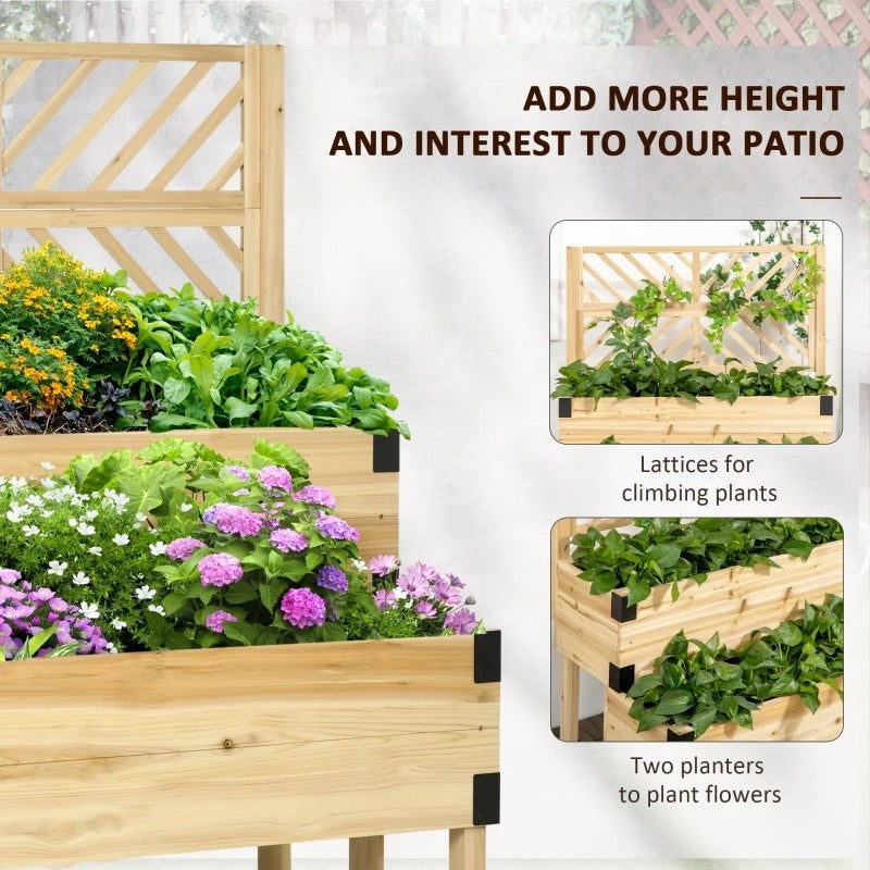 2 Tier Natural Wood Raised Planter Box with Trellis