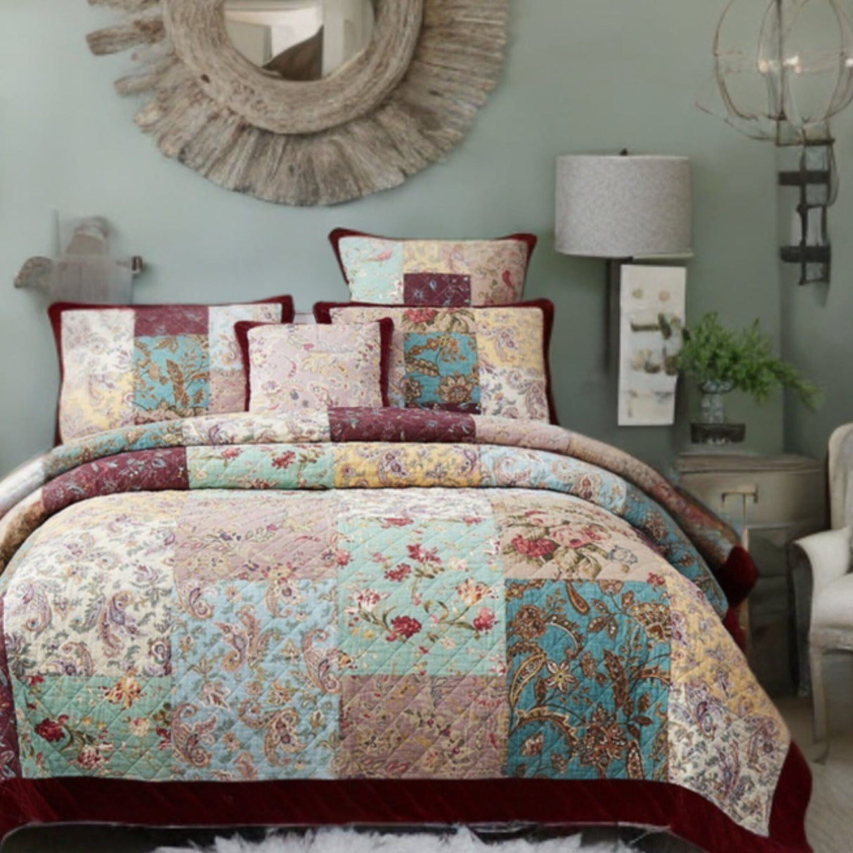 Bohemian Burgundy Paisley Patchwork Cotton Bedspread Set