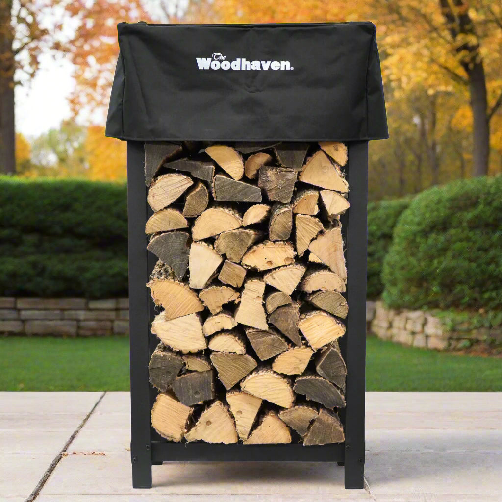 The Woodhaven 4 x 2 Firewood Rack and cover