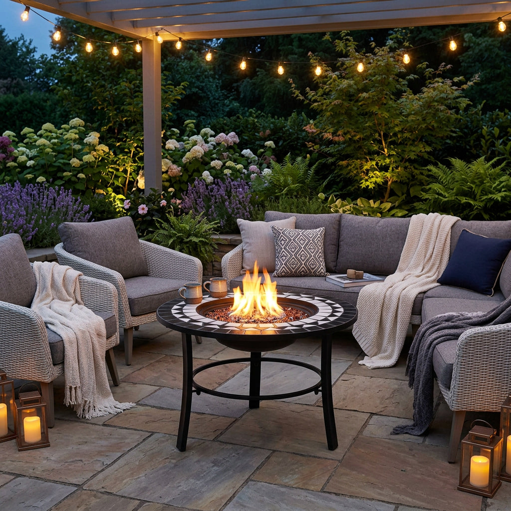 Round fire pit table with black and white mosaic design on a white background
