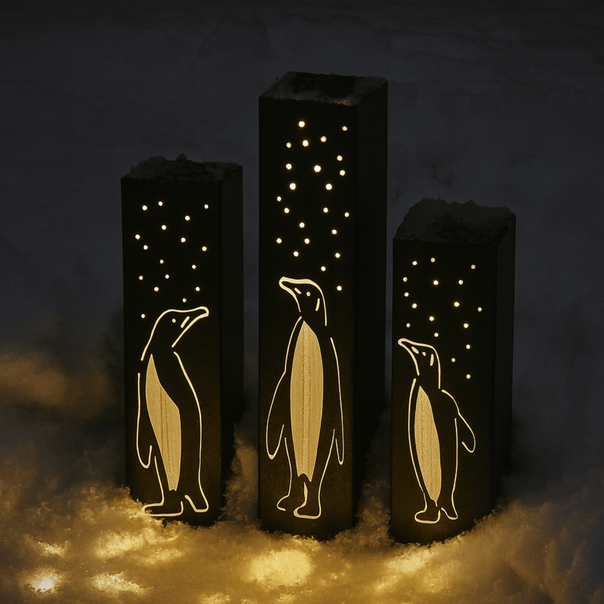 Arctic Glow Luminary Pillars w/ Solar Cap | Penguins