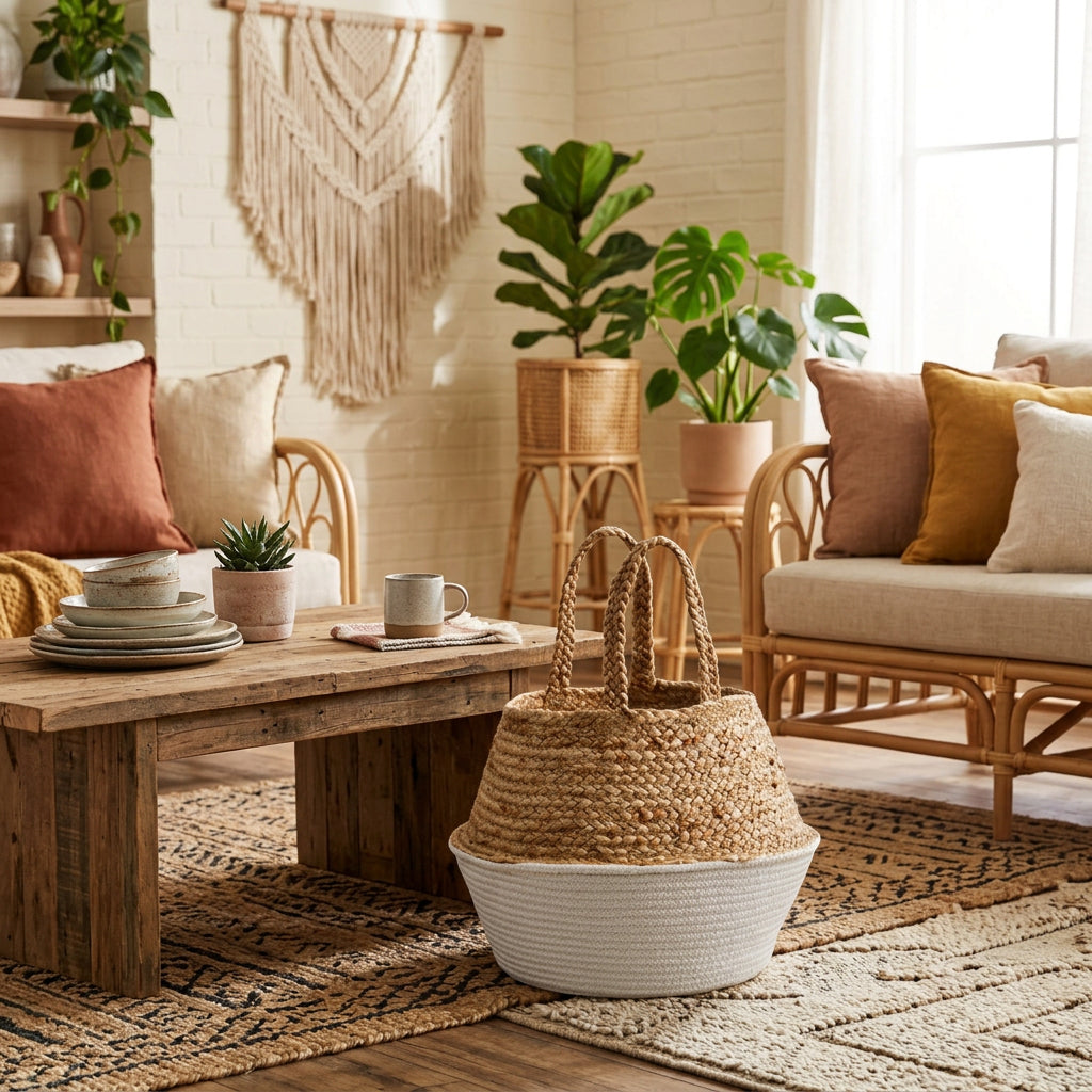 14” Boho Chic Handmade Cotton & Jute White Woven Planter