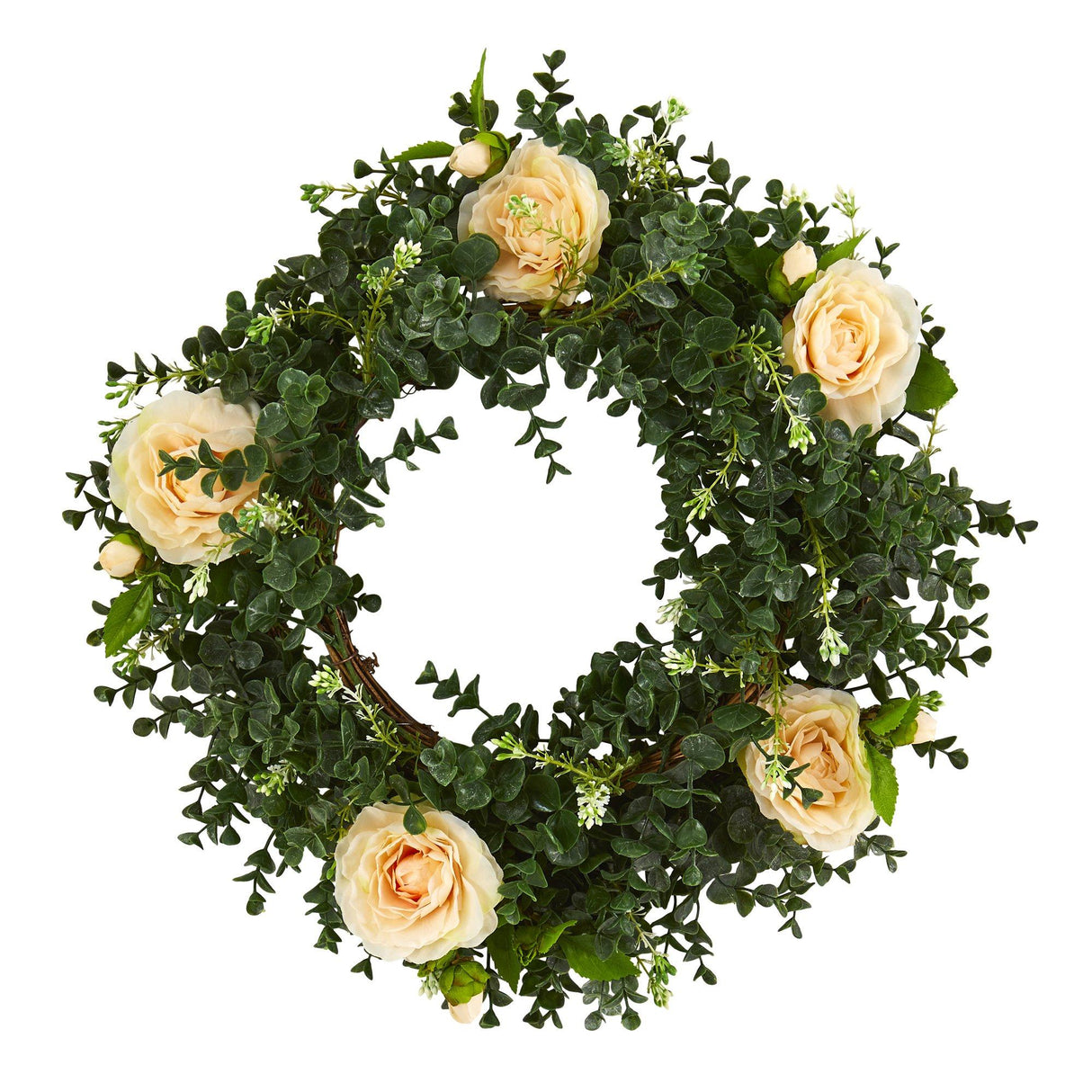 Eucalyptus and Camellia Artificial Wreath, 18”