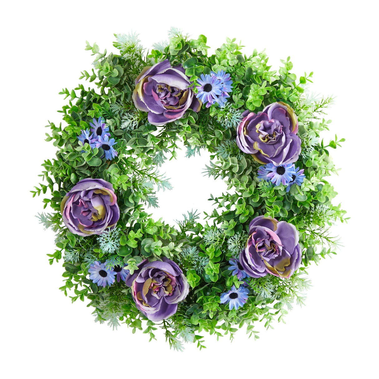 Purple Rose, Blue Daisy and Greens Artificial Wreath, 22”