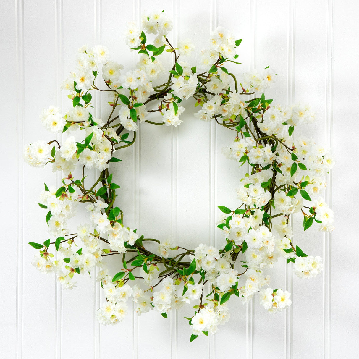White Cherry Blossom Artificial Wreath, 30”