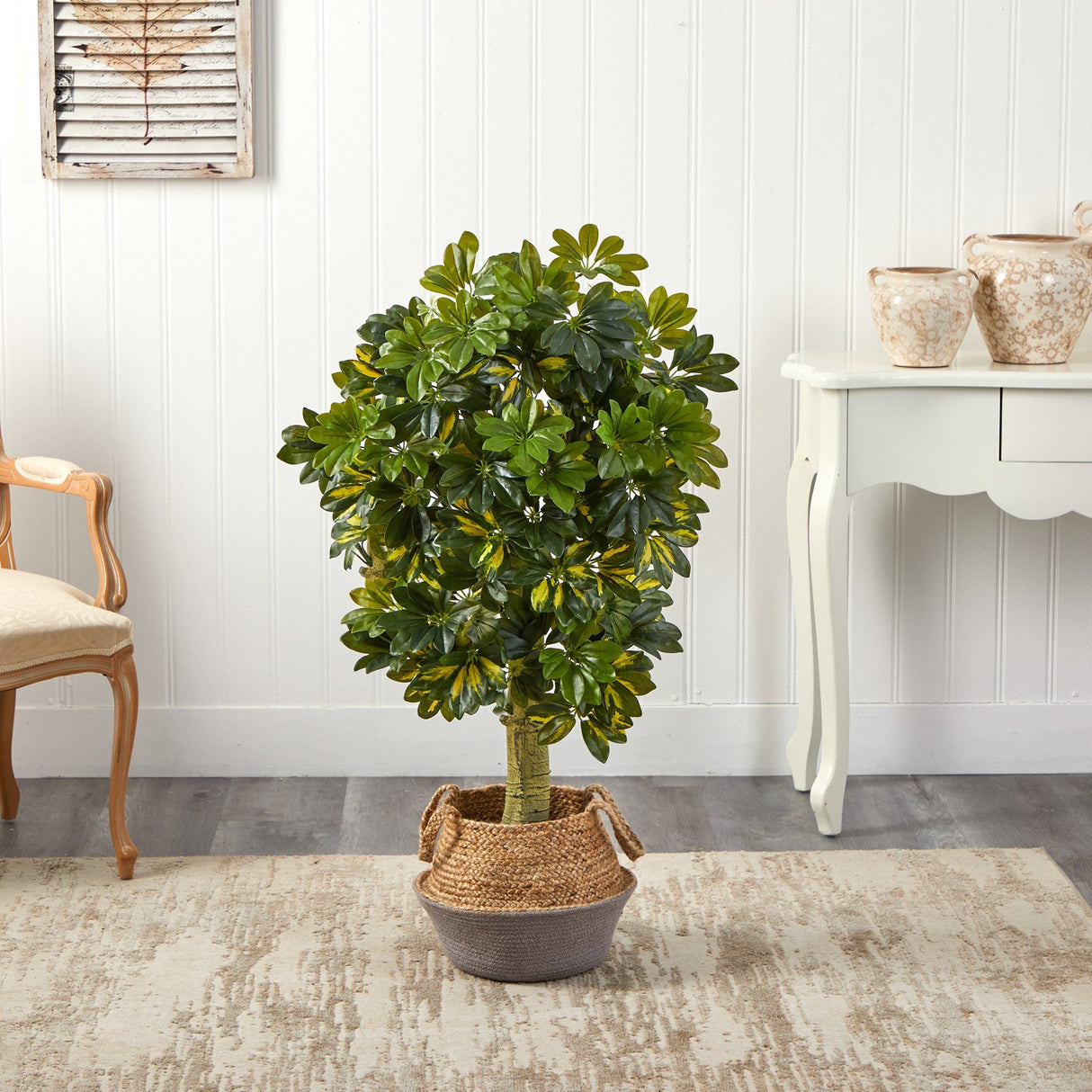Schefflera Artificial Tree in Cotton & Jute Gray Planter, 4’