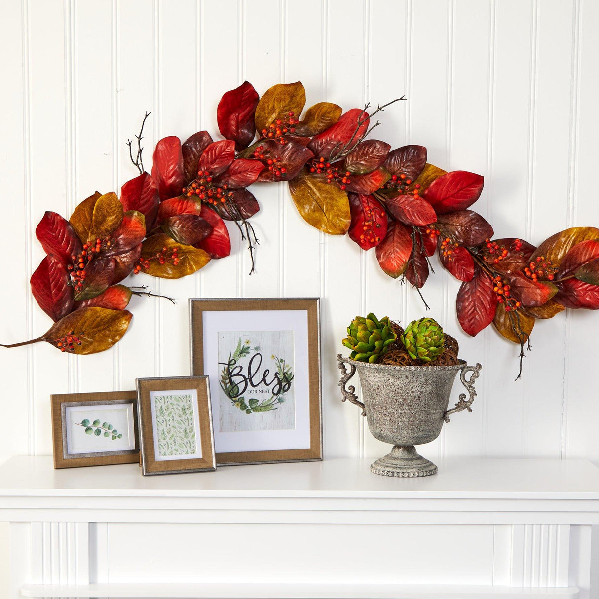 6’ Autumn Magnolia Leaf with Berries Artificial Garland