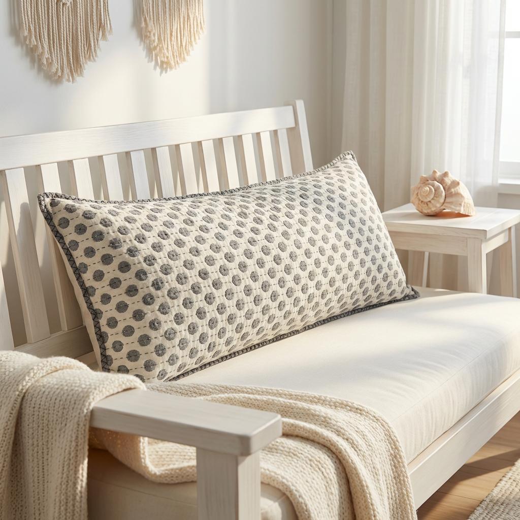 Artisan Hand Loomed Cotton Lumbar Pillow, Gray Dots