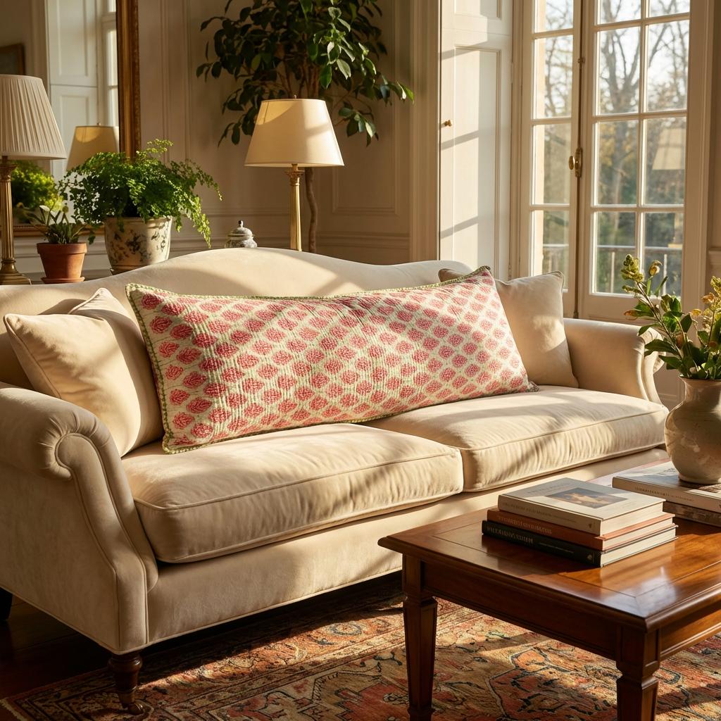 Artisan Hand Loomed Cotton Lumbar Pillow, Red Green Stitching