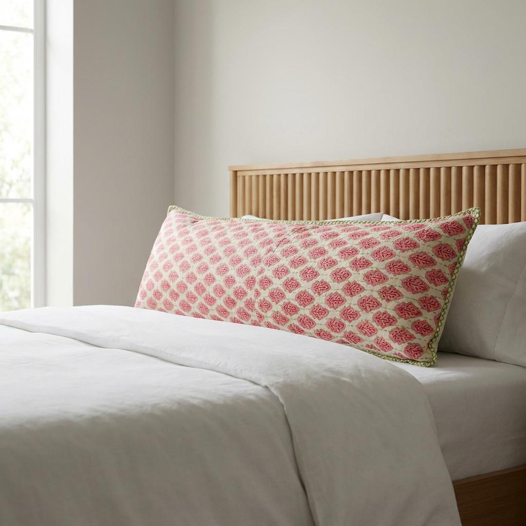 Artisan Hand Loomed Cotton Lumbar Pillow, Red Green Stitching