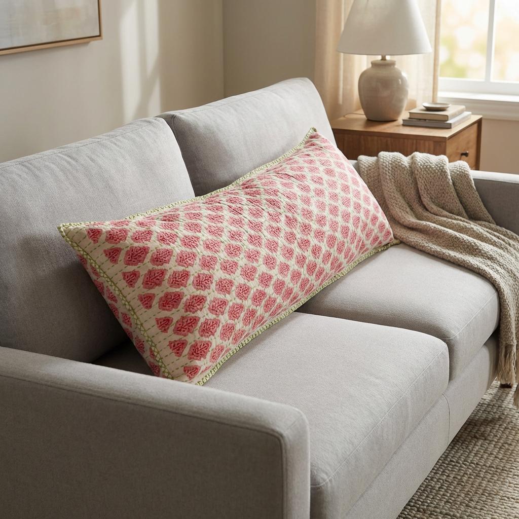 Artisan Hand Loomed Cotton Lumbar Pillow, Red Green Stitching