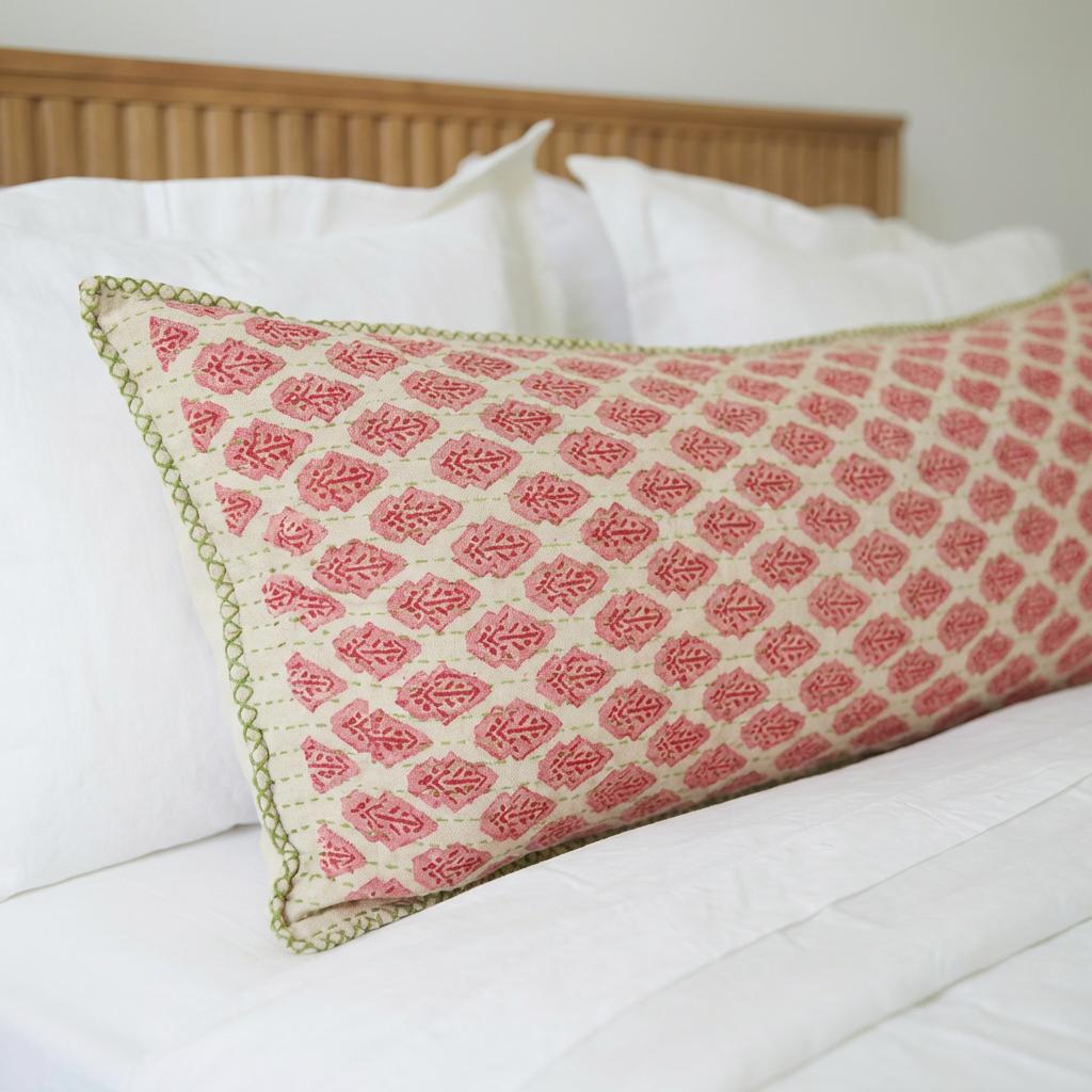 Artisan Hand Loomed Cotton Lumbar Pillow, Red Green Stitching