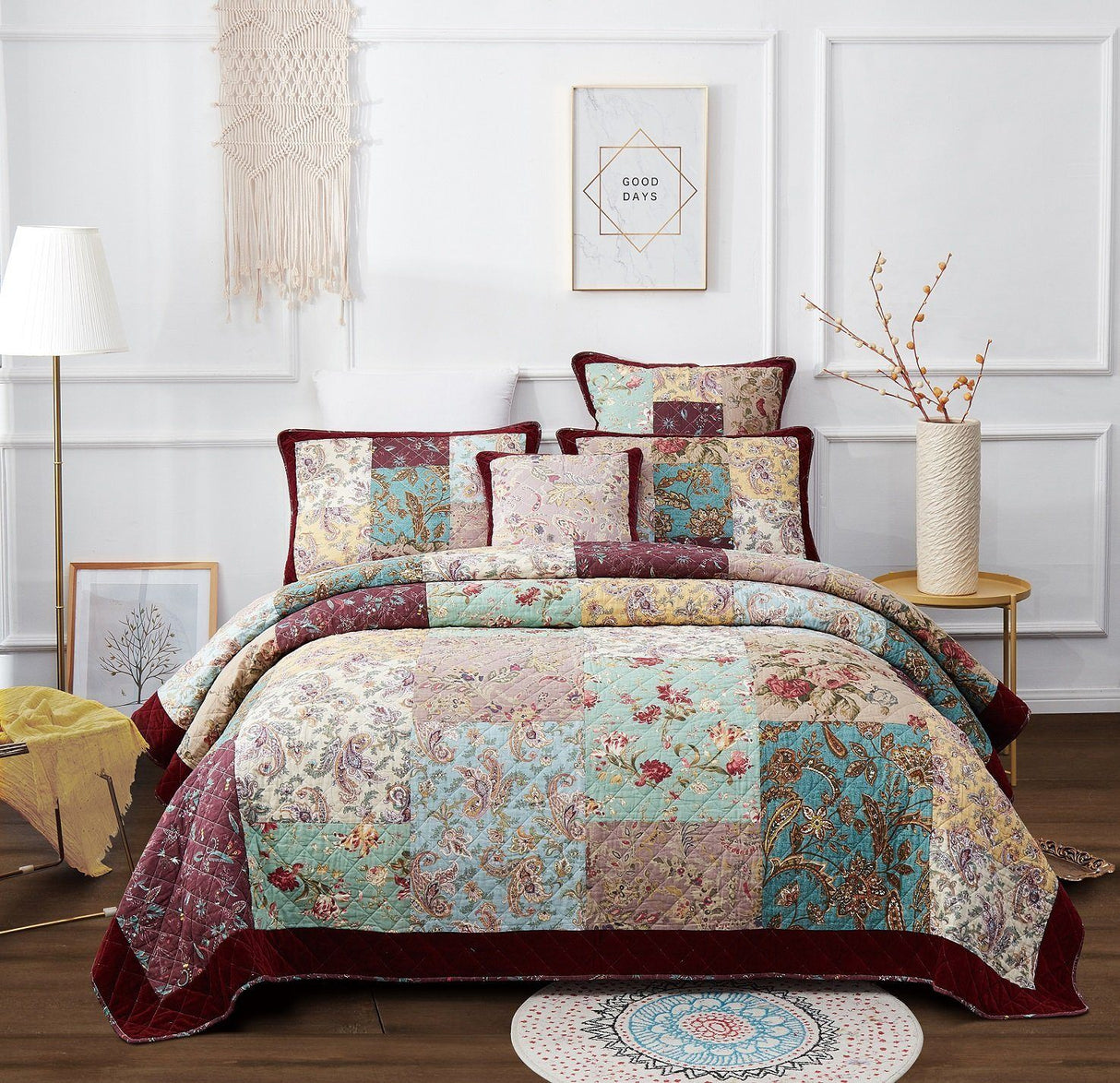 Bohemian Burgundy Paisley Patchwork Cotton Bedspread Set