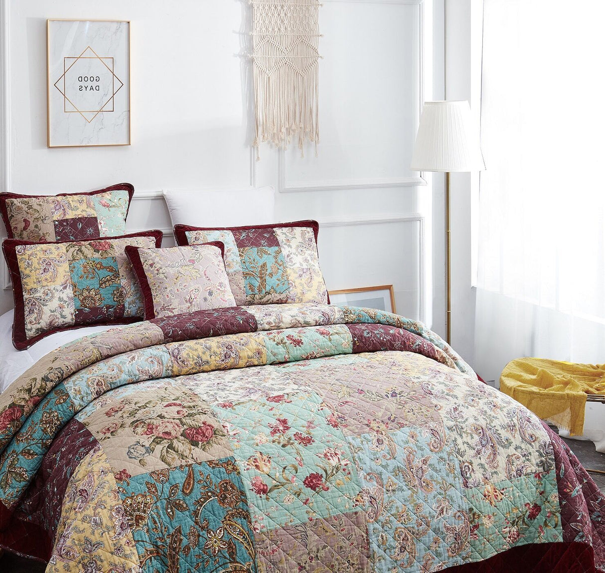 Bohemian Burgundy Paisley Patchwork Cotton Bedspread Set
