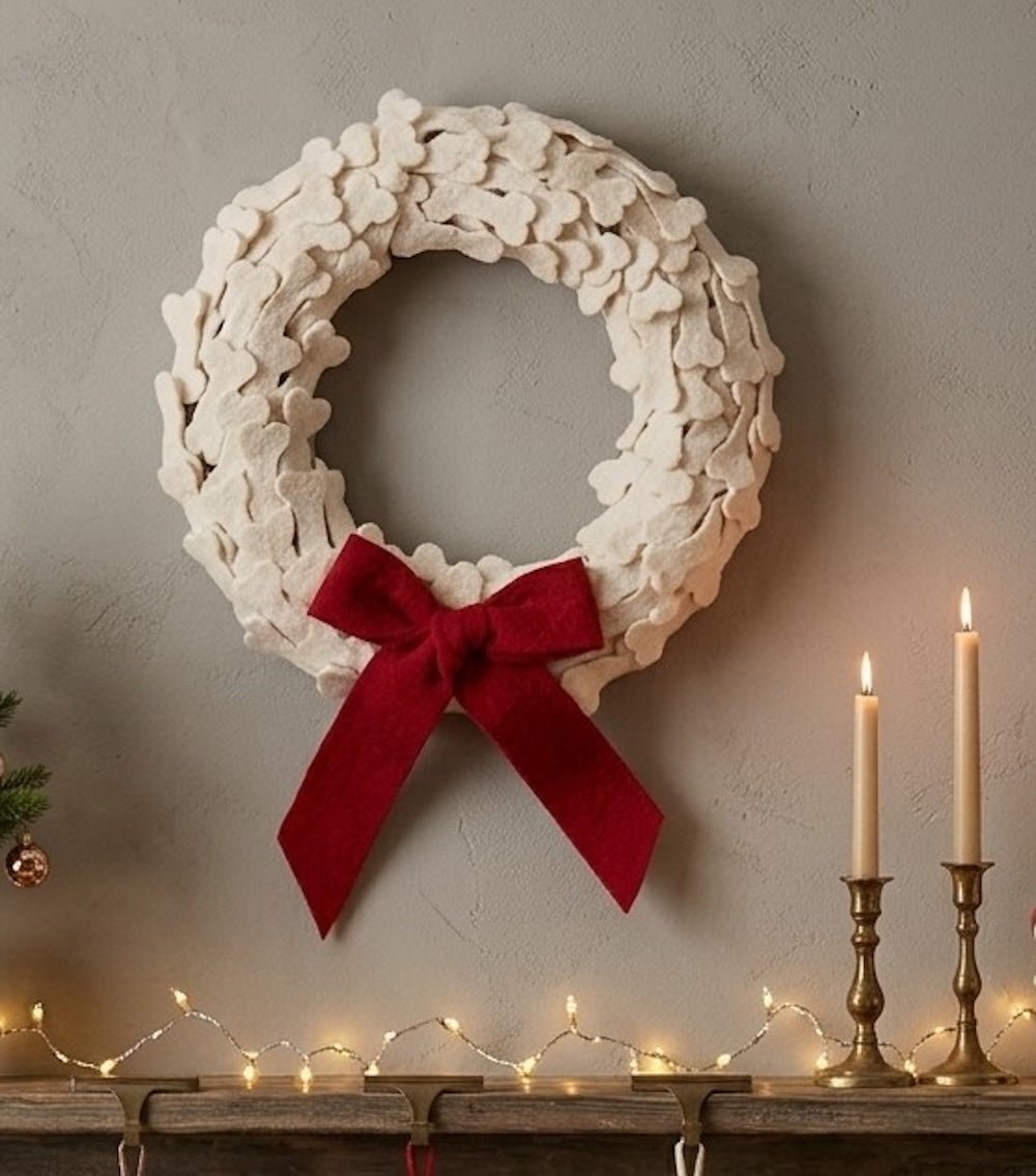 Dog Bones Red Bow Handmade Hand Felted Wool Wreath - 14"