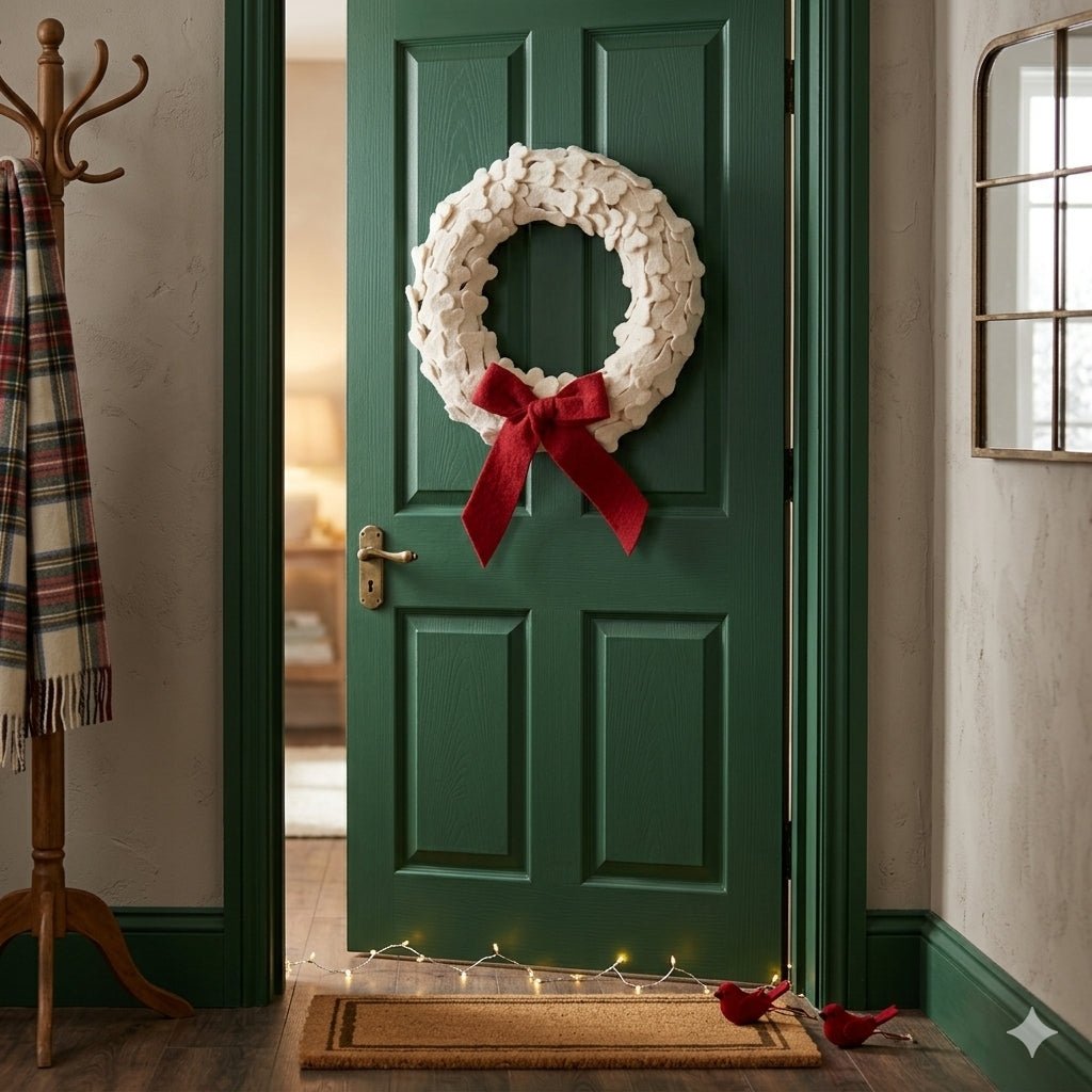 Dog Bones Red Bow Handmade Hand Felted Wool Wreath - 14"