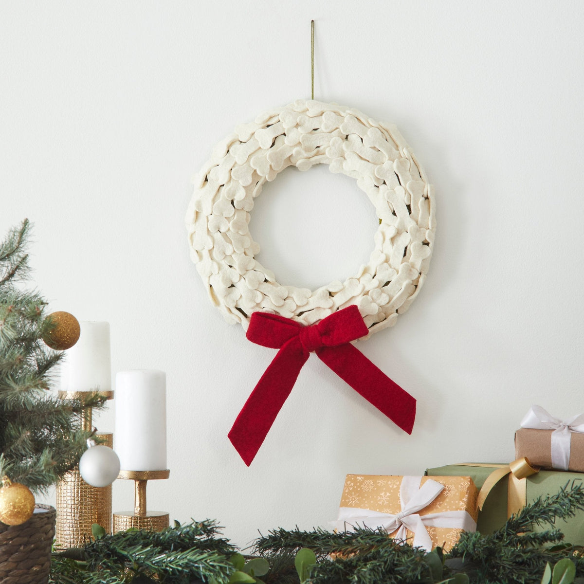 Dog Bones Red Bow Handmade Hand Felted Wool Wreath - 14"
