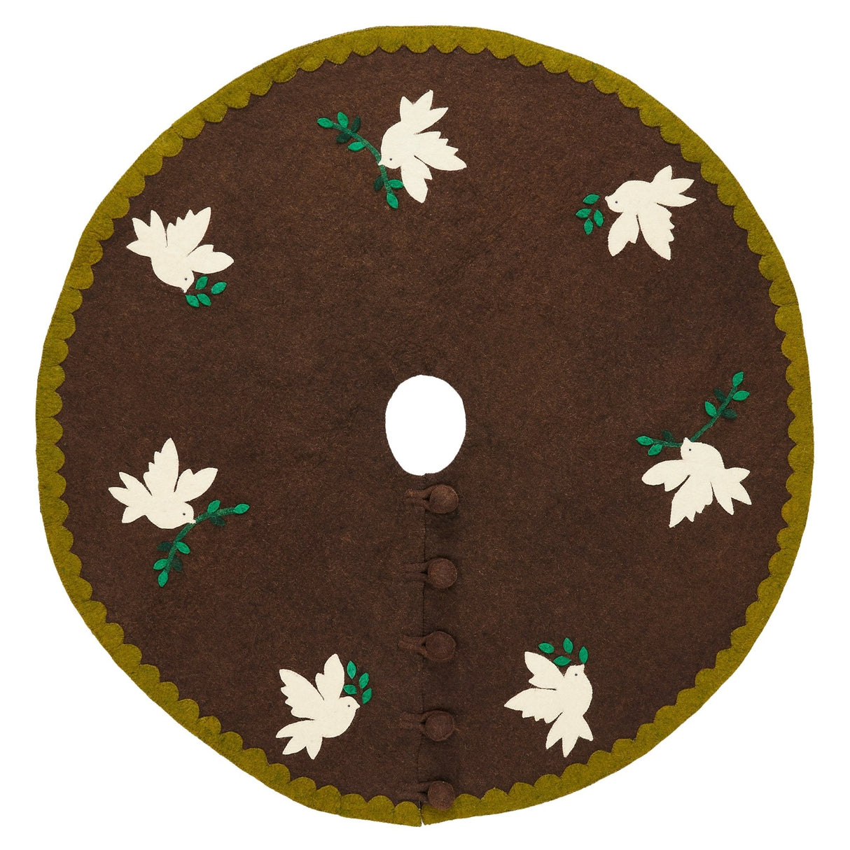 Handmade Doves Brown Christmas Tree Skirt Hand Felted Wool - 60" Arcadia Home