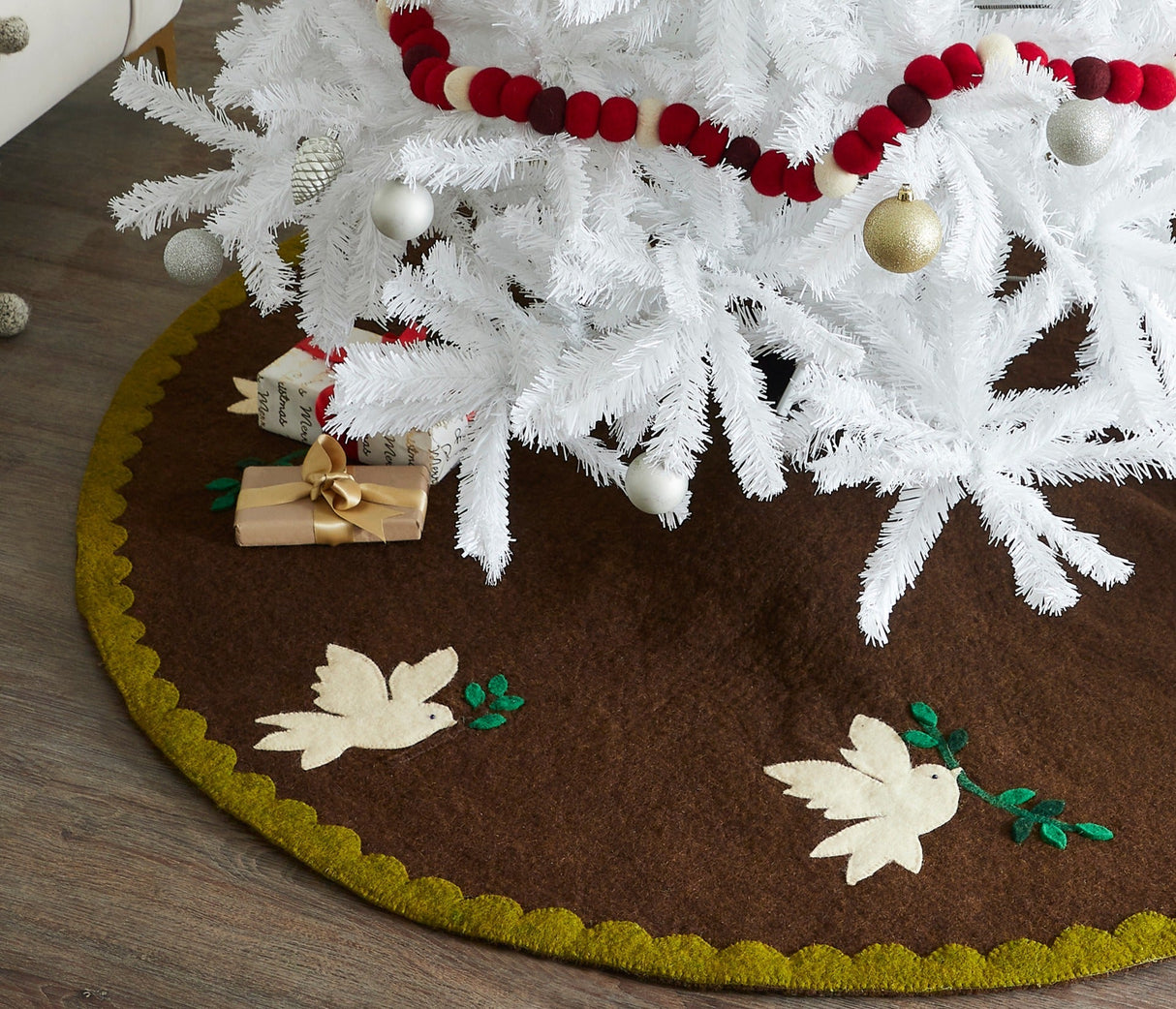 Handmade Doves Brown Christmas Tree Skirt Hand Felted Wool - 60" Arcadia Home