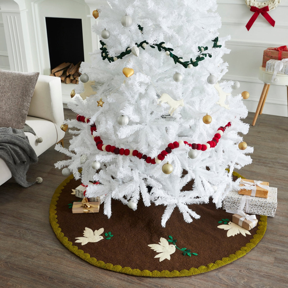 Handmade Doves Brown Christmas Tree Skirt Hand Felted Wool - 60" Arcadia Home
