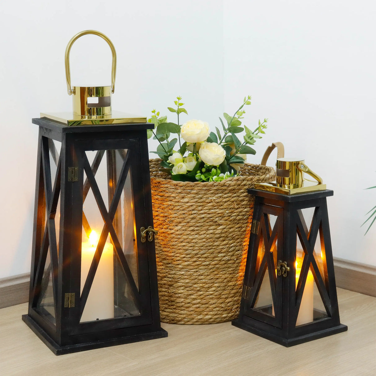 Trapezoid Farmhouse Wooden Lantern, 18"H, Set of 2