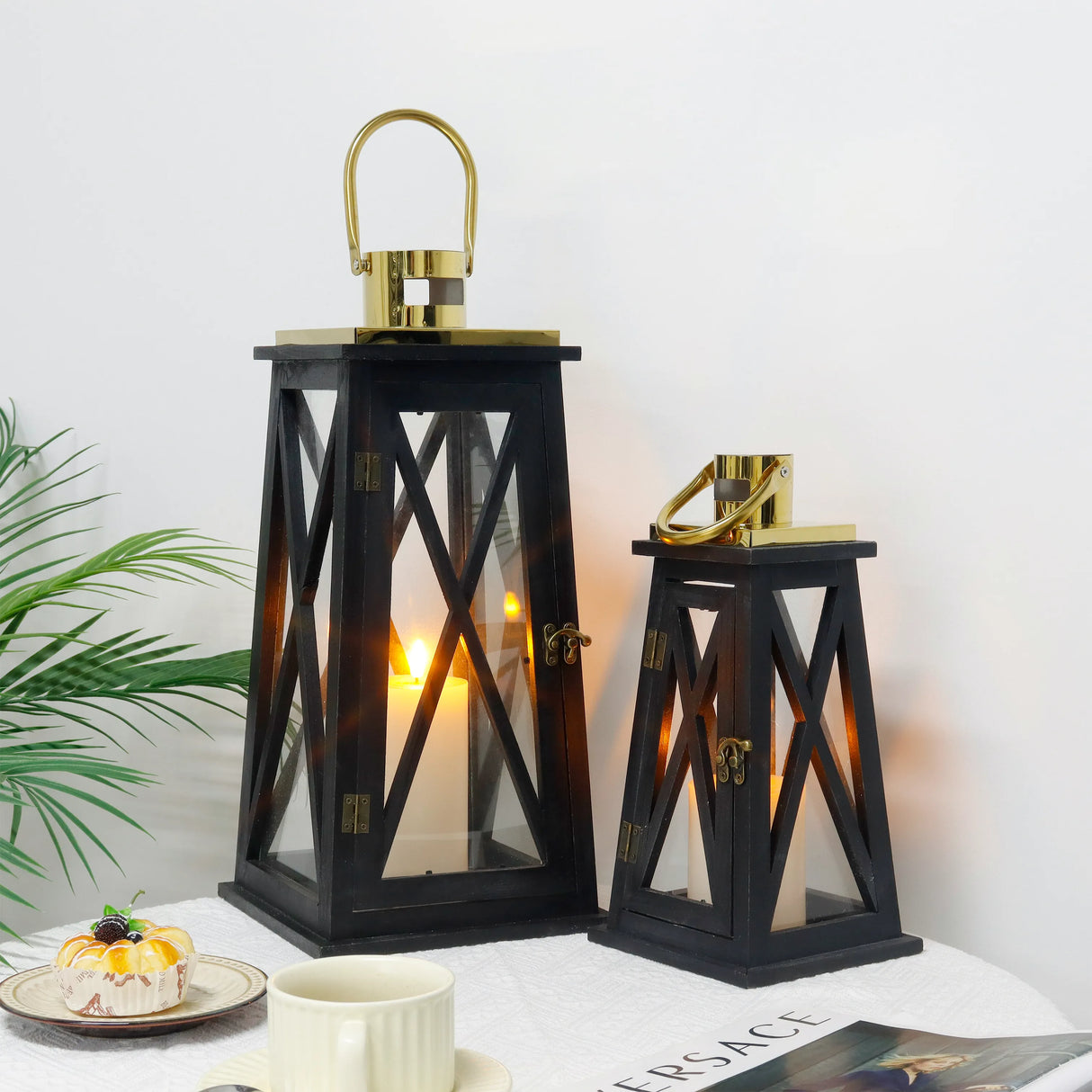Trapezoid Farmhouse Wooden Lantern, 18"H, Set of 2