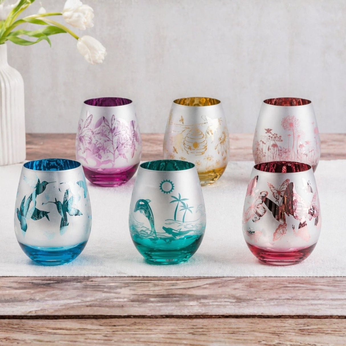 Blue Hummingbird Stemless Wine Glasses