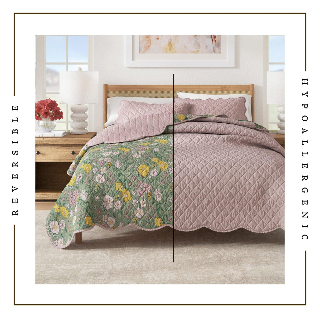 Floral Print & Scalloped Edge Cotton Quilt Set - Gwen Collection