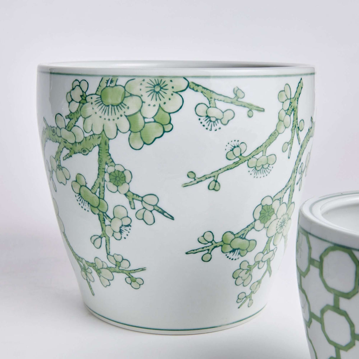 Green and White Chinoiserie Ceramic Planters (Set of 3)