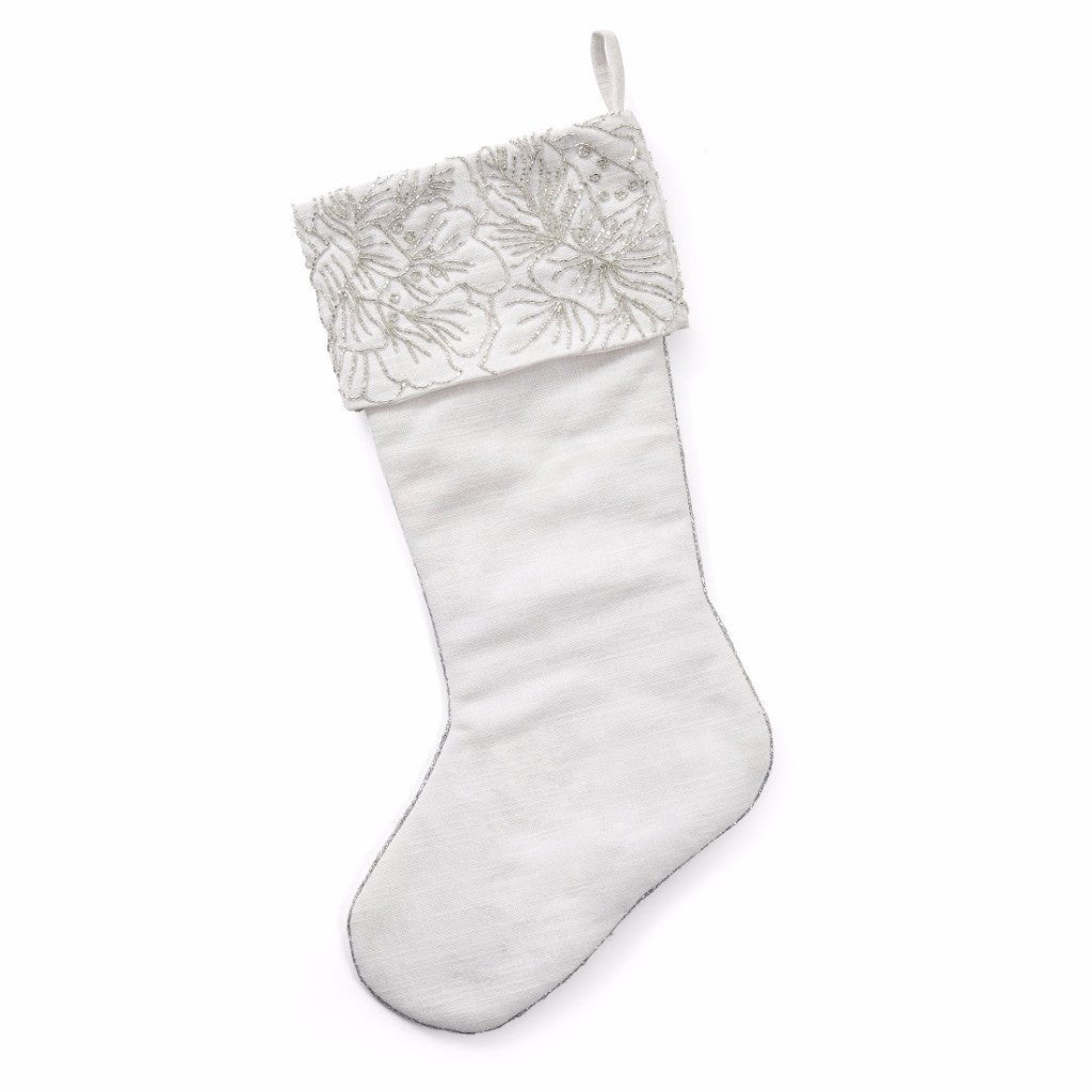 Hand Beaded Floral Cuff Christmas Stocking Silver and Ivory Arcadia Home